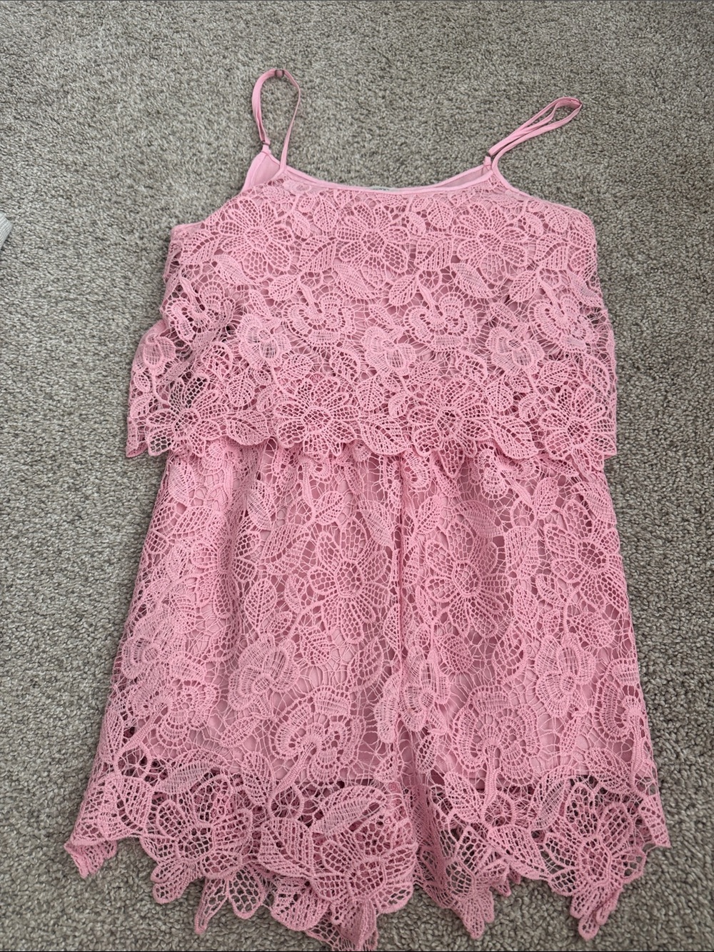 Francesca's Collections Pink Lace Tiered Romper